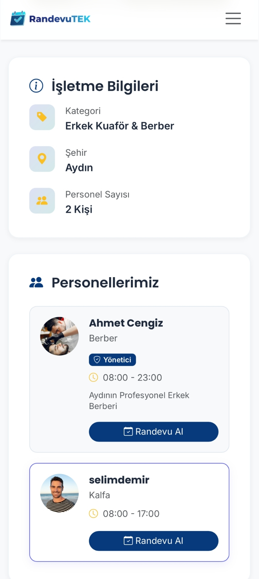 Personel ve Hizmet Ekranı